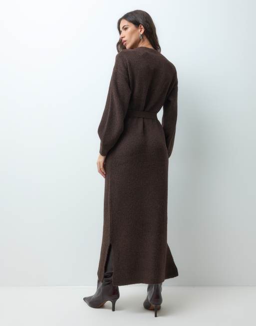 Vila abito lungo in maglia grossa con allacciatura in vita color marrone cioccolato, 3 di 4