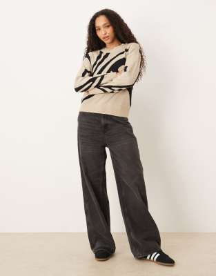 Vila Abstract Swirl Print Knit Sweater In Neutral