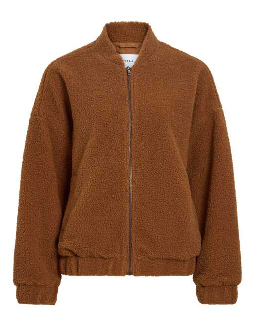 Vila Ada teddy zip-up bomber jacket in brown, 6 of 7