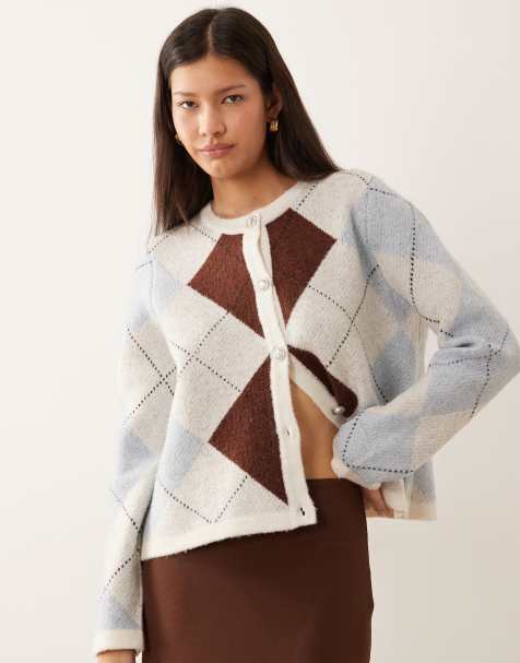 Vila argyle check knitted cardigan in burgundy and pastels - view 1