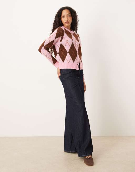 Vila argyle knit cardigan in cherry blossom and brown, 3 of 4