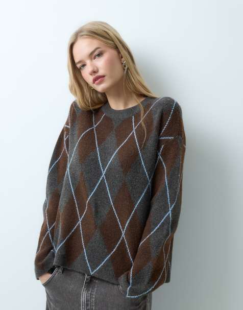 Vila argyle knitted jumper co-ord in brown and grey - view 1