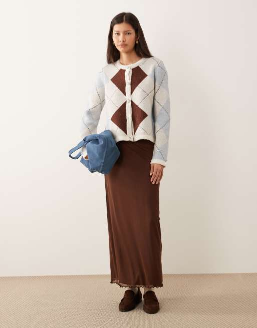Vila argyle plaid knit cardigan in burgundy and pastels, 2 of 4