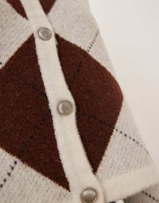 Vila argyle plaid knit cardigan in burgundy and pastels, 4 of 4