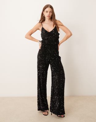 Vila - Ärmelloser Jumpsuit in Schwarz mit Paillettenbesatz und V-Ausschnitt