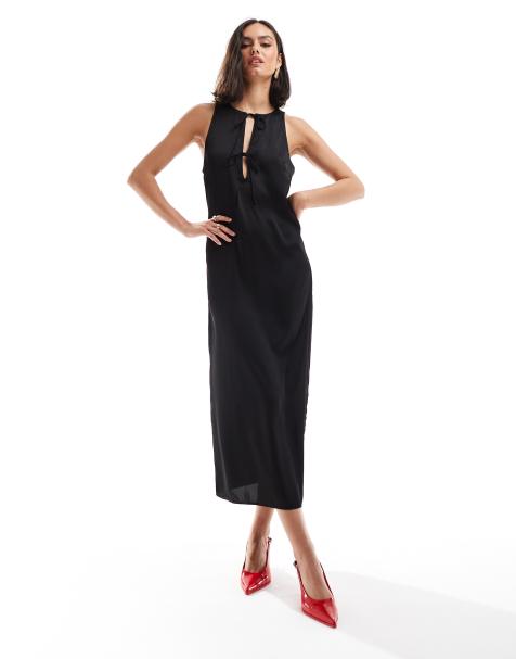Vila – Ärmelloses Satin-Midikleid in Schwarz mit gebundenem Ausschnitt - view 1
