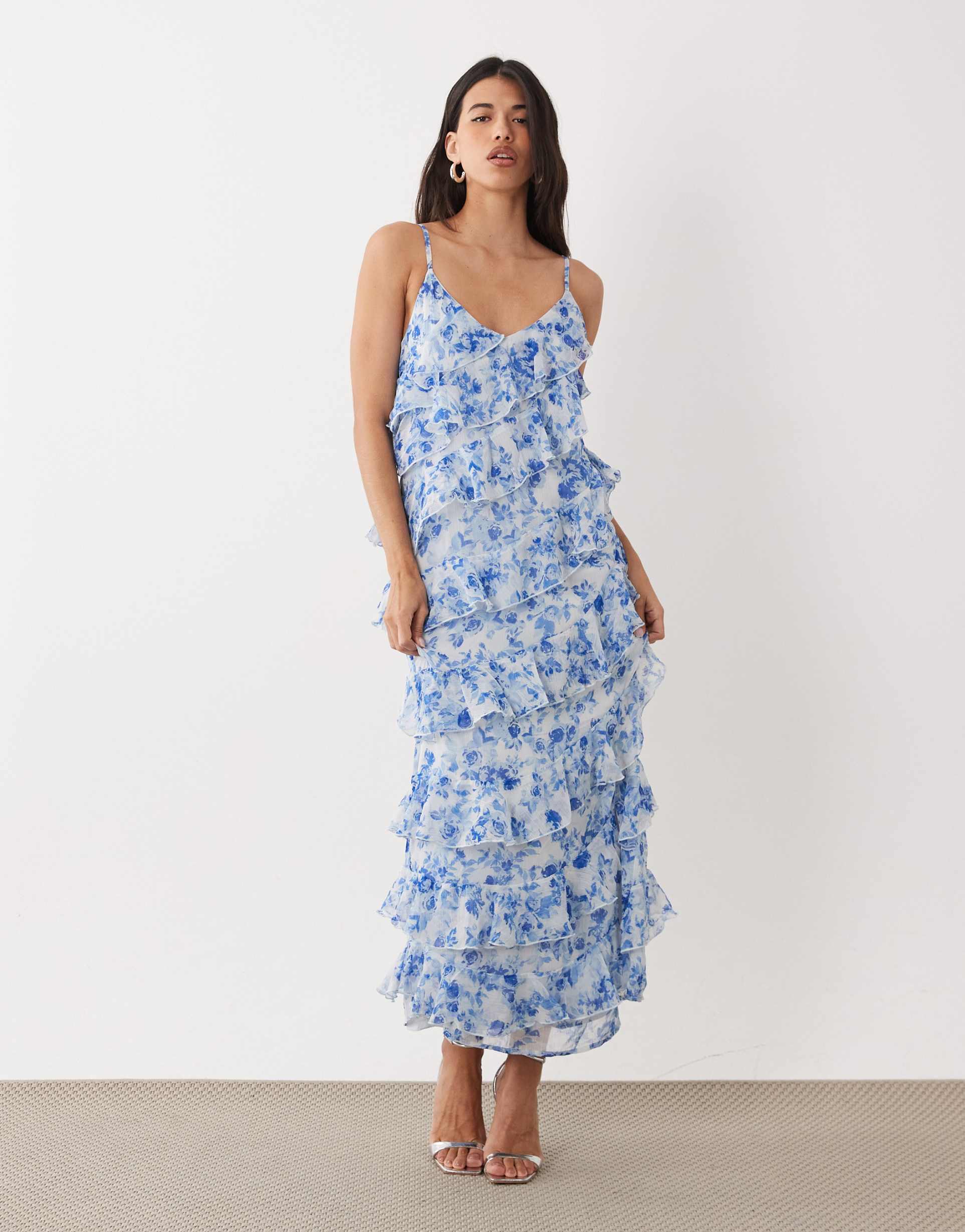vila asymmetric frill maxi dress with side split in blue floral print
