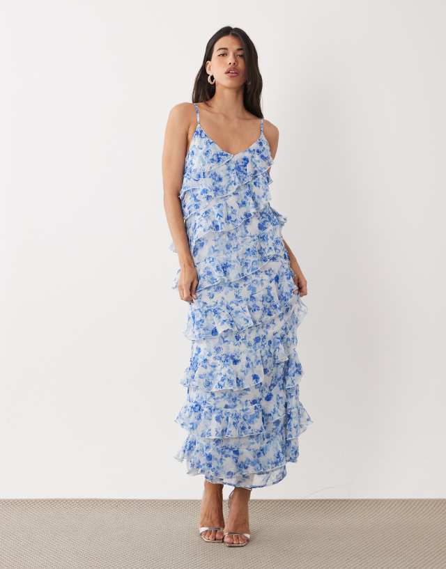 blue floral asymmetric frill split maxi dress Vila - - Women - Polyester - 36 EU Size:DE 40 Smocked waist provides a Ivory Nude Duct Tape Prom Dresses
