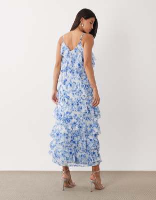 dusty blue floral high neck frill hem shift dress ASTR the Label | Adamaris Floral Ruffle Halter Maxi Dress in Blue Floral