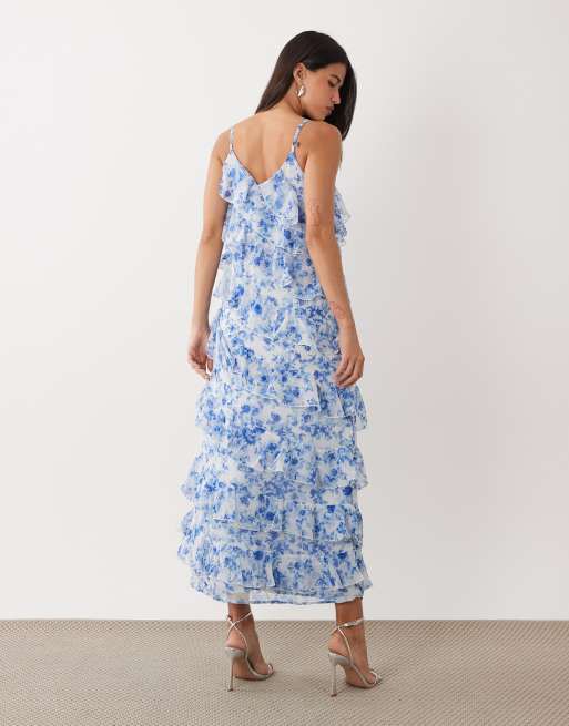 Vila asymmetric frill maxi dress with side split in blue floral print , 4 of 4