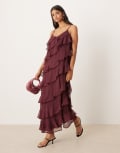 [Vila] VILA asymmetric frill maxi dress with side split in burgundy-Red 36 Fig