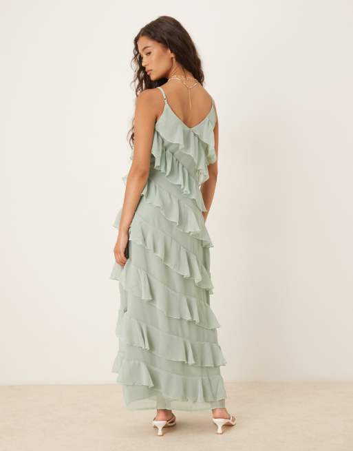 Vila asymmetric frill maxi dress with side split in sage green, 3 of 4