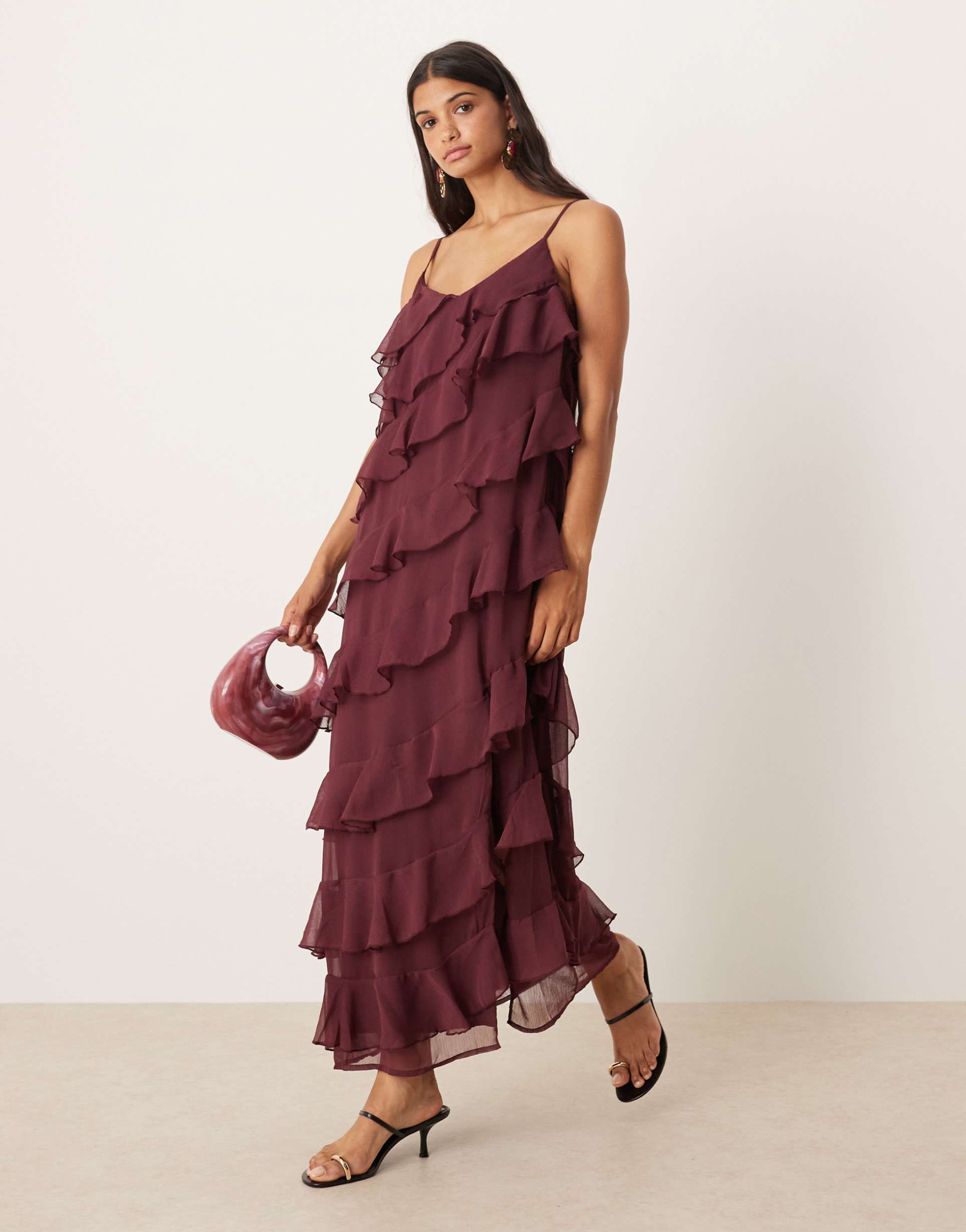 vila asymmetric frill midi dress with side slit in burgundy
