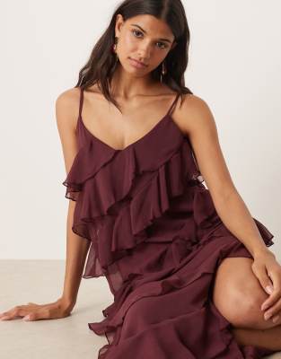 Vila Asymmetric Frill Midi Dress With Side Slit In Red
