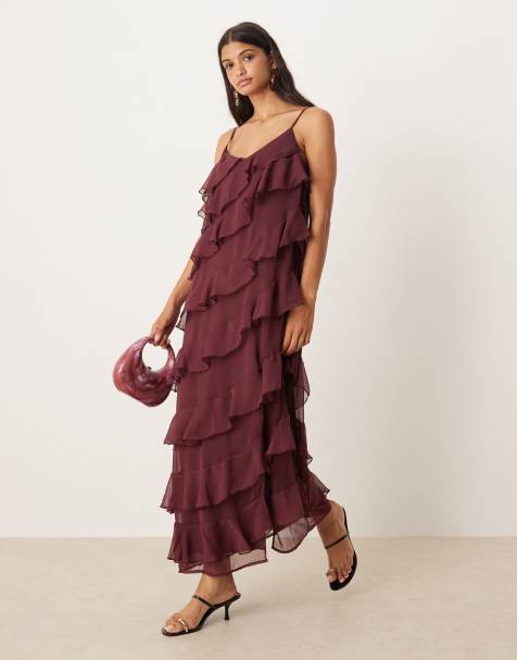 Vila asymmetric frill midi dress with side split in burgundy - view 1