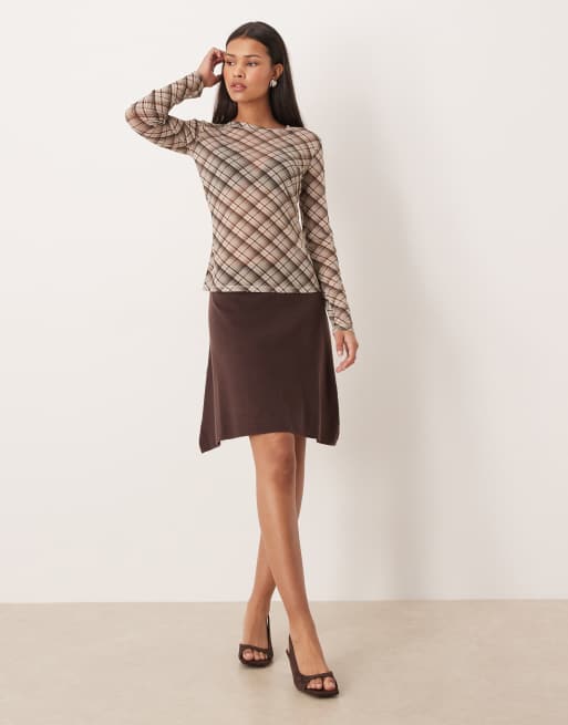 VILA asymmetric hem mini skirt in chocolate brown, 2 of 4