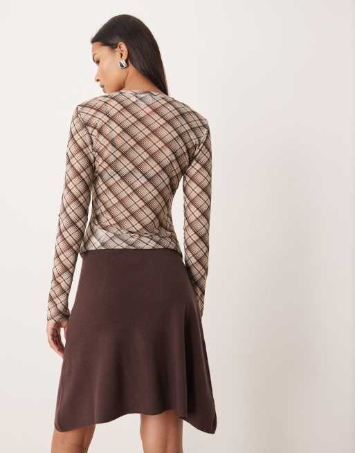 VILA asymmetric hem mini skirt in chocolate brown, 4 of 4