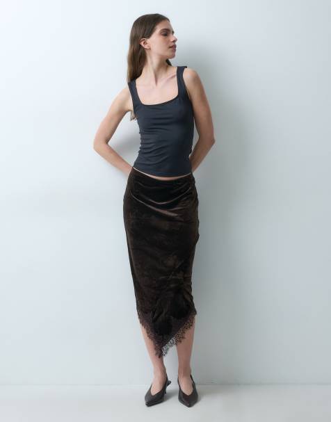 Vila asymmetric hem velvet midi skirt co-ord with lace trim in chocolate brown - view 1