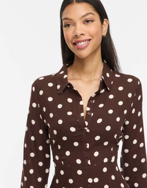 Vila Aya robe chemise longue à col chemise et manches 3/4 marron, 4 de 7