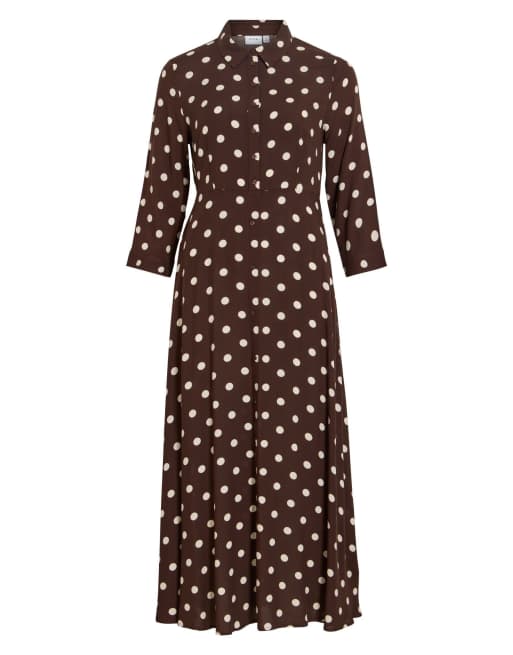 Vila Aya robe chemise longue à col chemise et manches 3/4 marron, 6 de 7