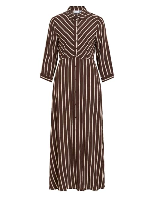 Vila Aya striped shirt collar 3/4 sleeve maxi shirt dress in brown, 6 of 7