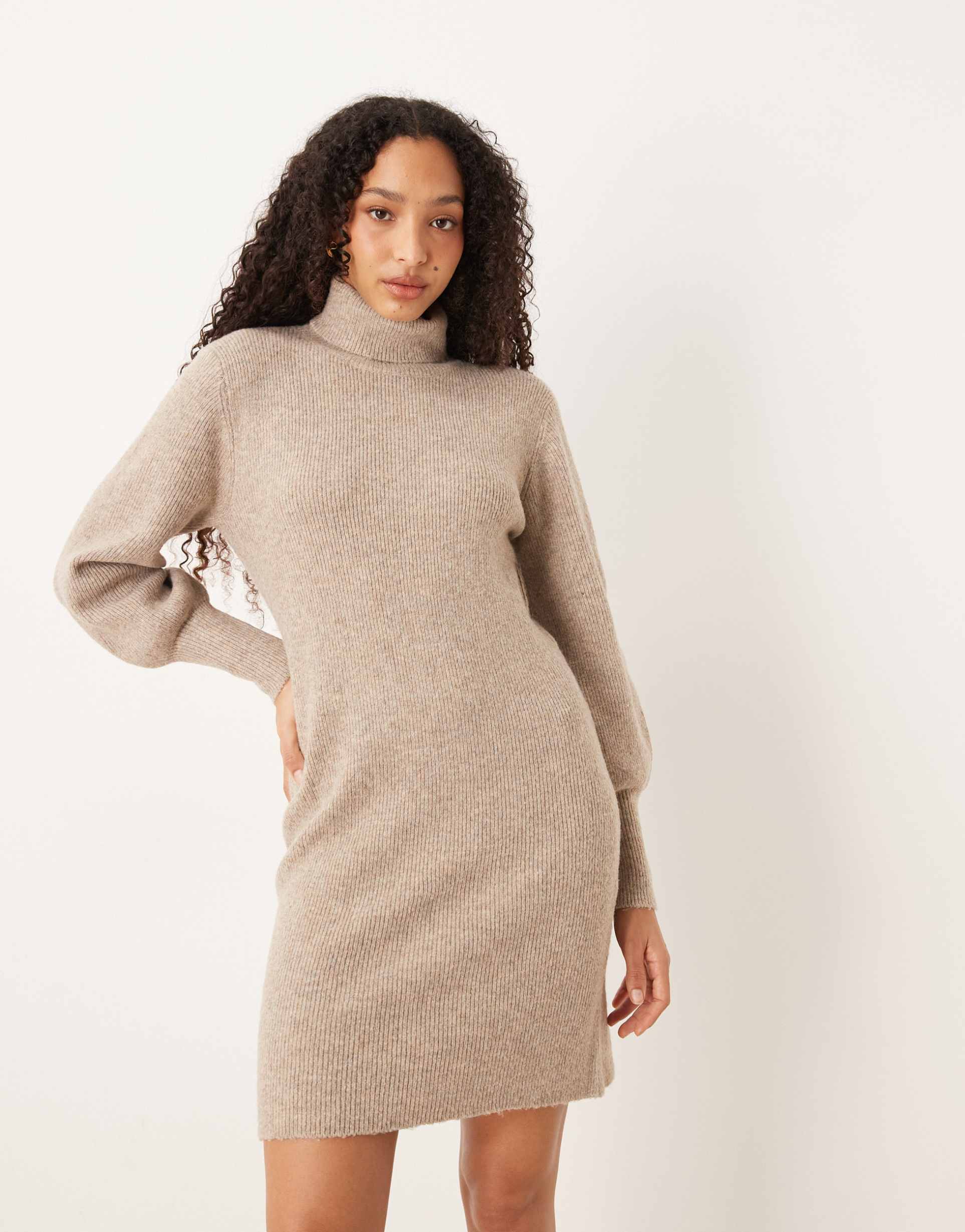 vila balloon sleeve knit mini dress in heathered natural