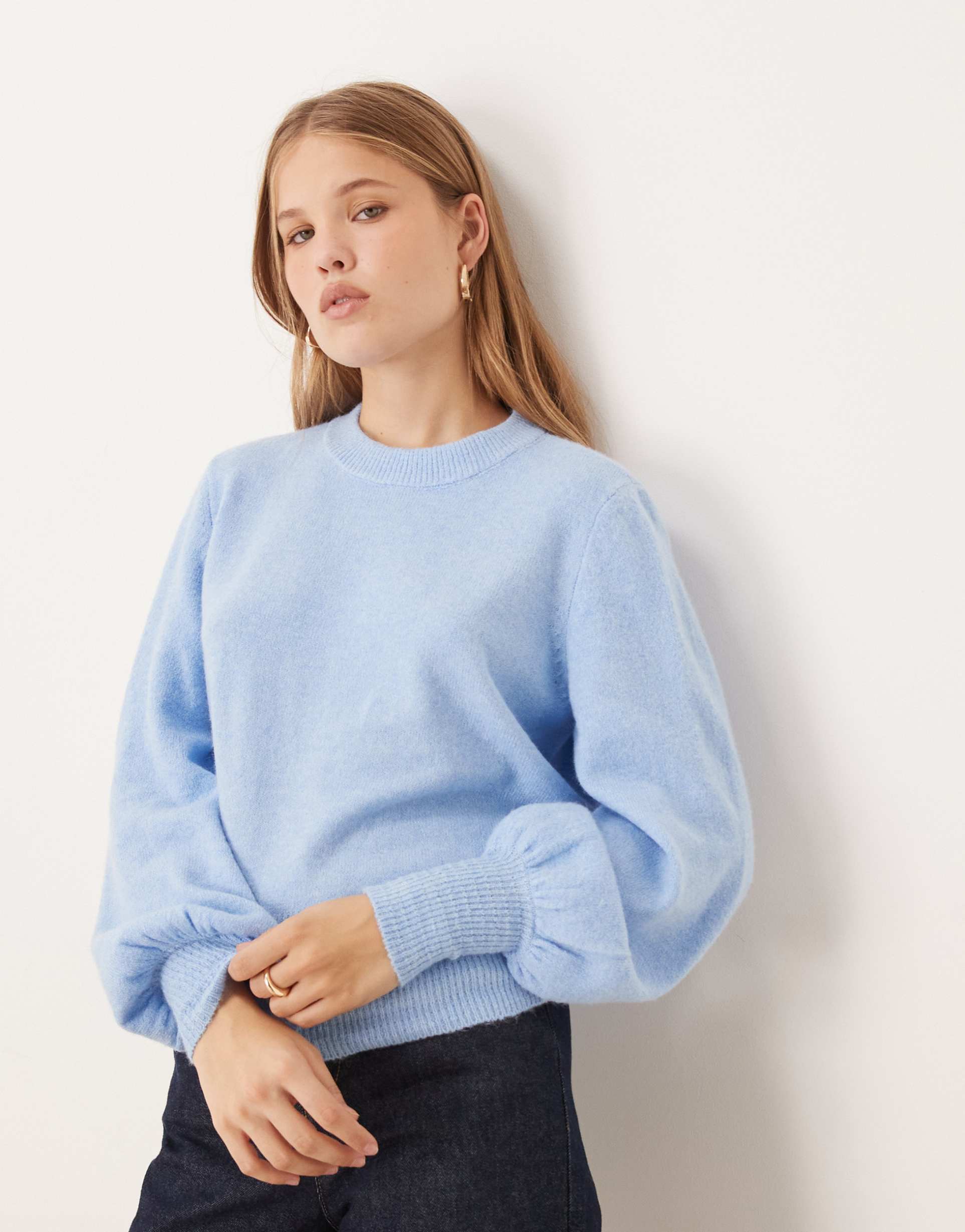 vila balloon sleeve knit sweater in light blue