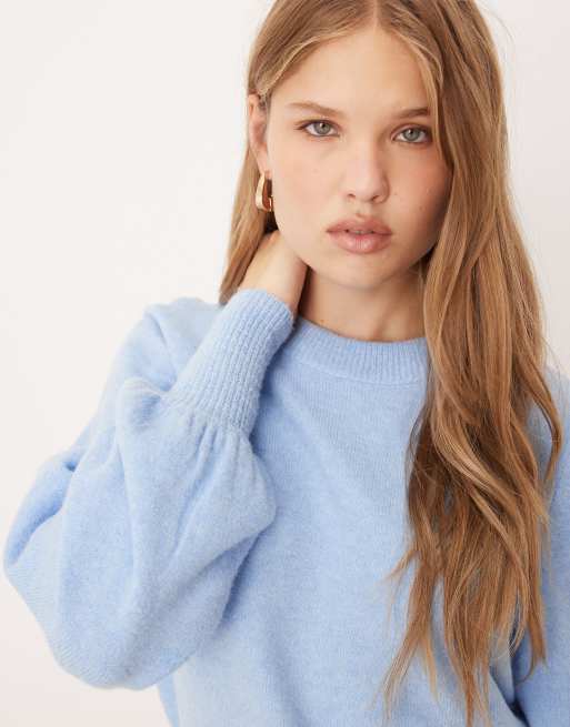 Vila balloon sleeve knitted jumper in light blue, 2 of 4