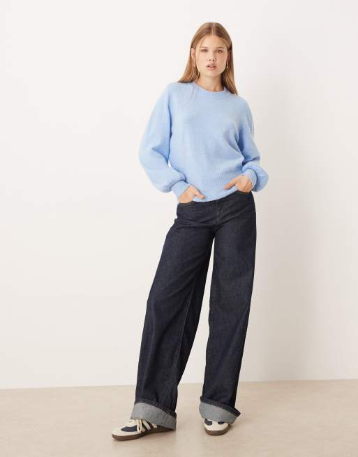 Vila balloon sleeve knitted jumper in light blue, 3 of 4