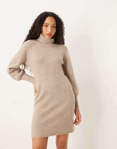 Vila balloon sleeve knitted mini dress in natural melange - view 1