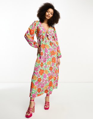 Vila Balloon Sleeve Midi Dress With Frill Waist In Bright Bold Floral-multi