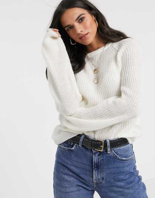 Vila balloon sleeve rib knitted sweater in white | ASOS