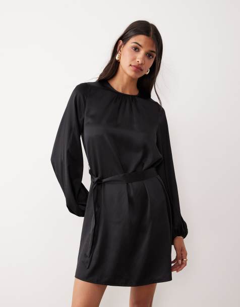Vila balloon sleeve satin tie waist mini dress in black - view 1