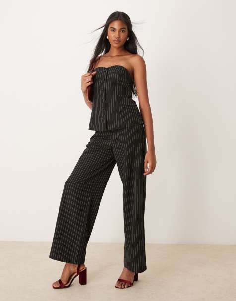 Vila bandeau detail waistcoat and wide leg trouser set in black pinstripe - view 1