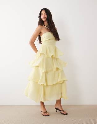 VILA bandeau structured tiered maxi dress in pastel yellow