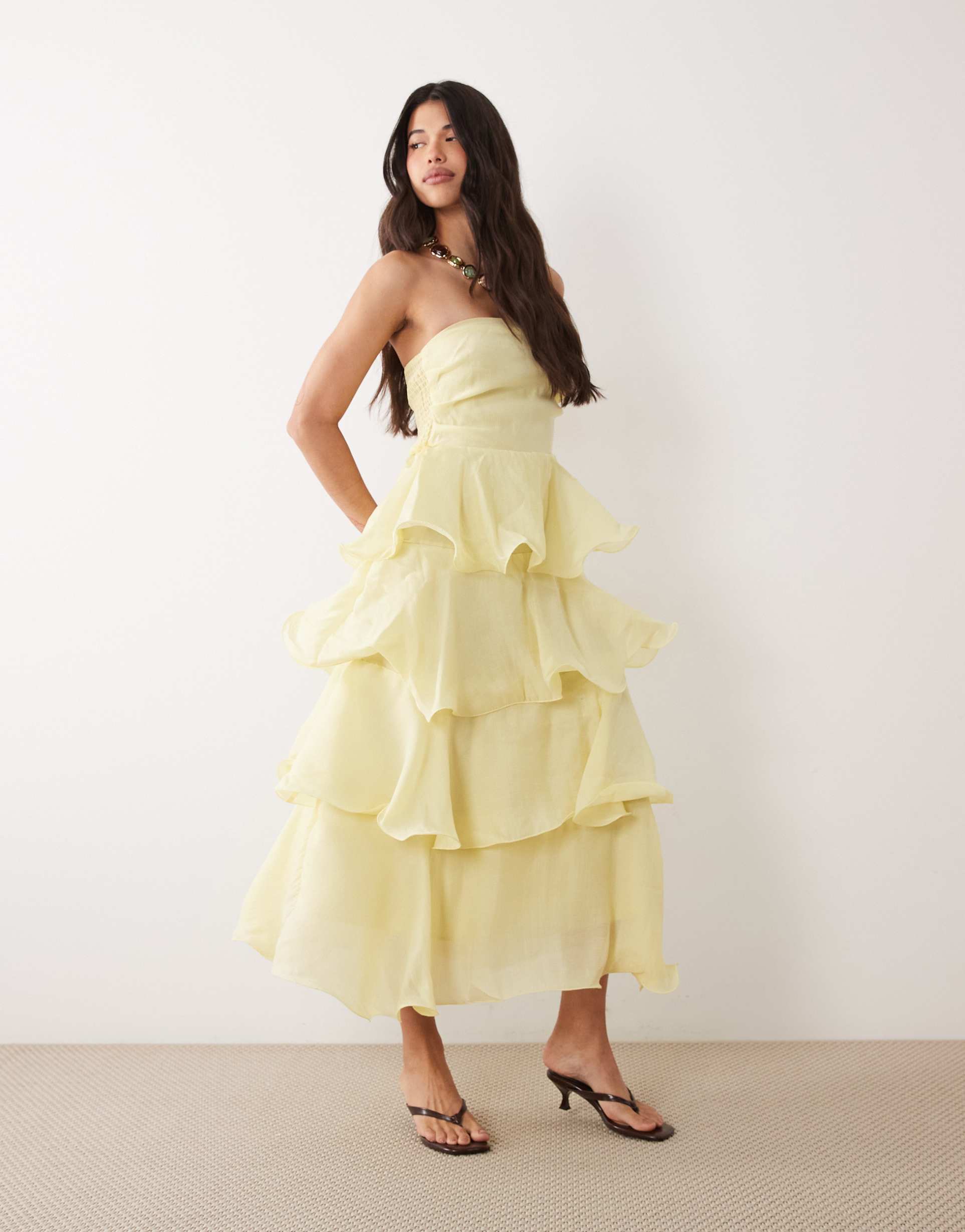 vila bandeau structured tiered maxi dress in pastel yellow