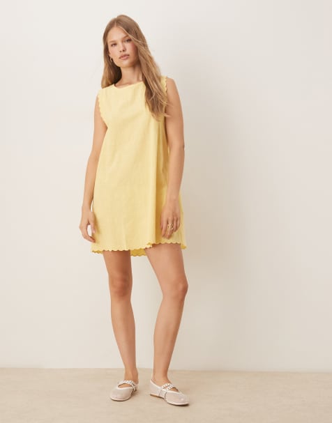 Vila – Baumwoll-Minikleid in Gelb mit Muschelsaum - view 1