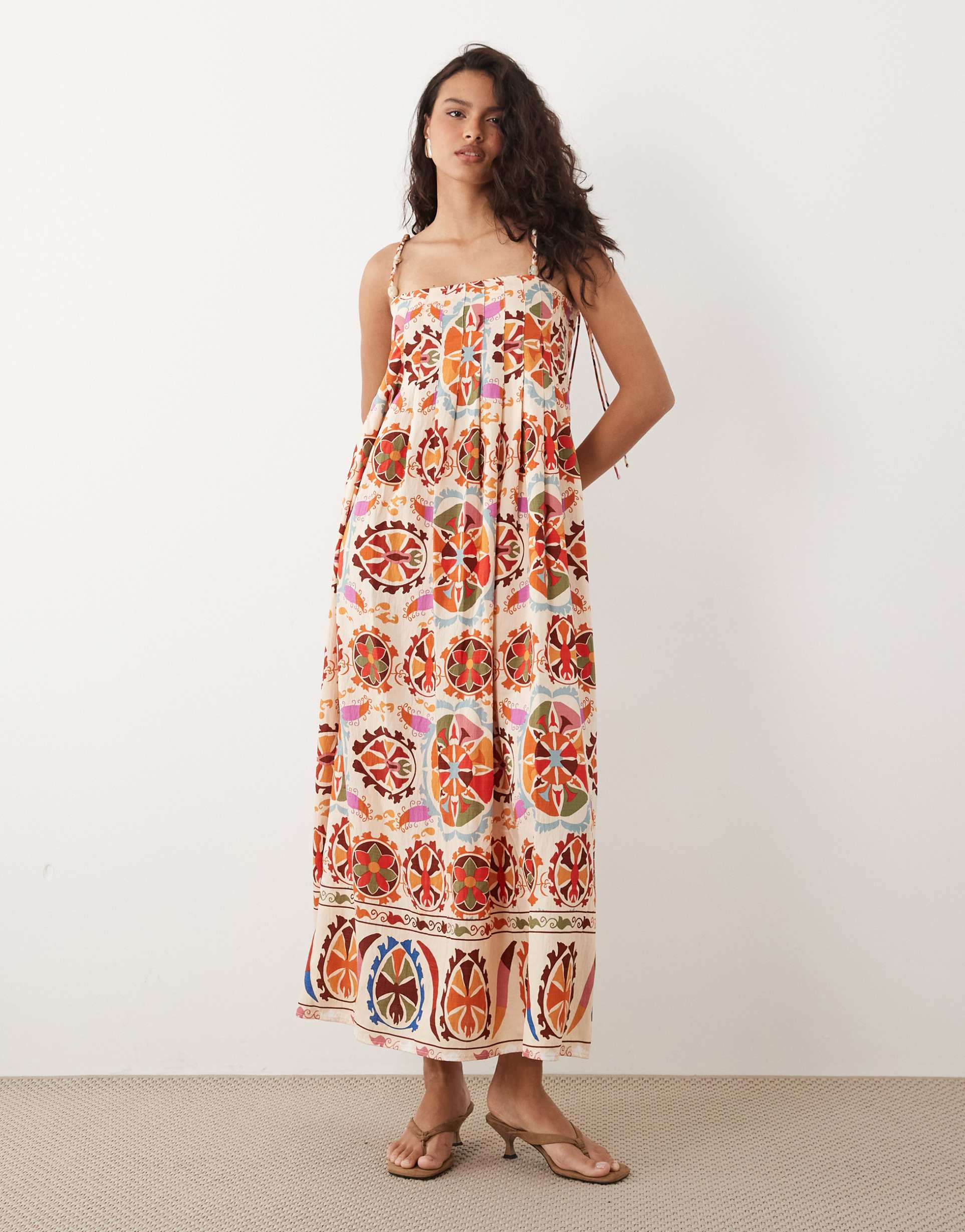 vila beaded straps pleated cami maxi dress in red conversational print