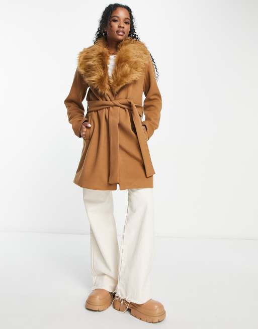 Fur collar shop belted coat