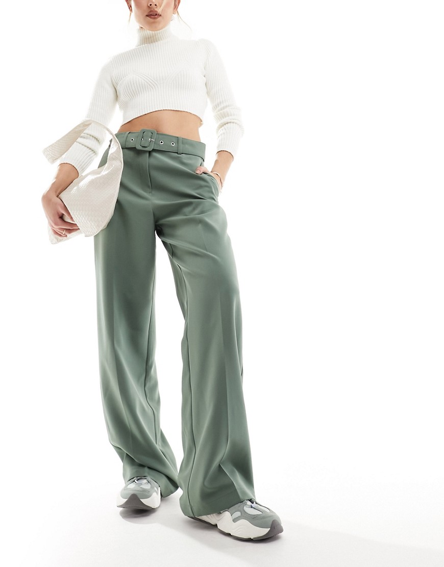Vila belted high waist tailored trousers in green
