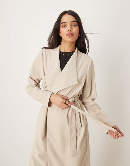 VILA belted waterfall trench coat in stone ASOS
