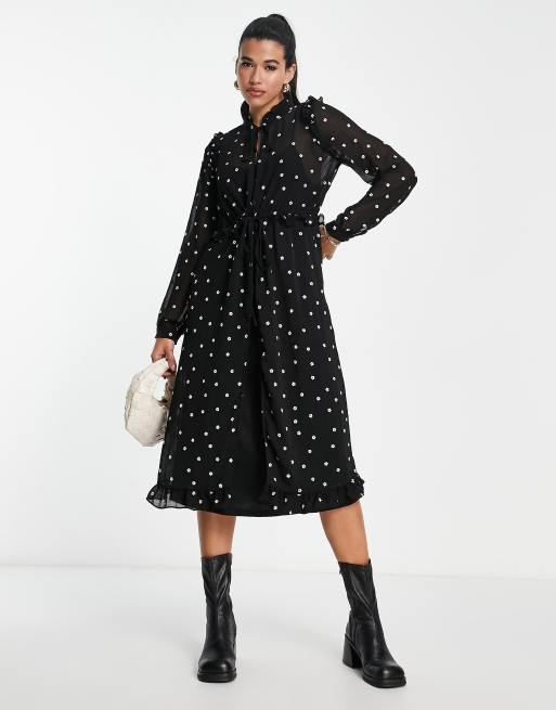 Vila – Besticktes Midikleid in Schwarz mit Bindedetail vorne 