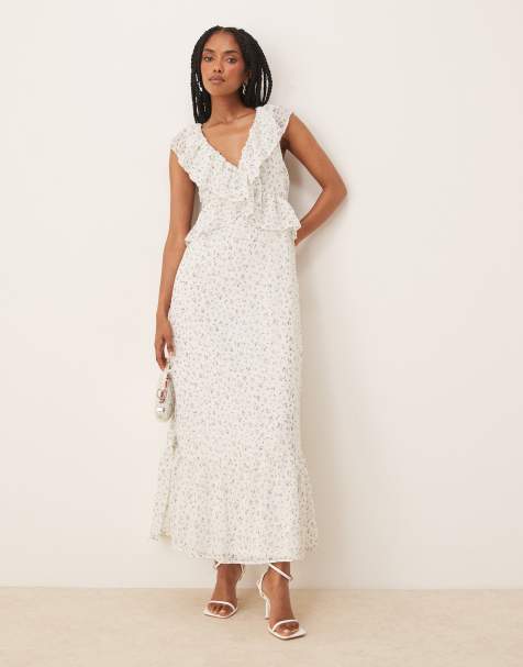Vila frill detail maxi dress in blue ditsy floral 