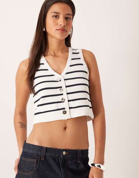 Vila gold button knitted vest in navy and white