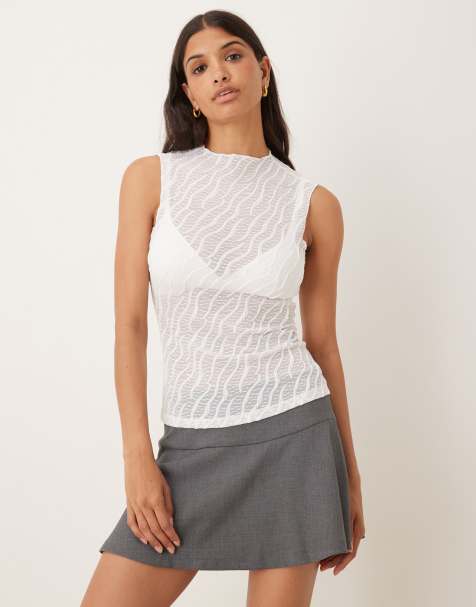 Vila textured sheer sleeveless top in white