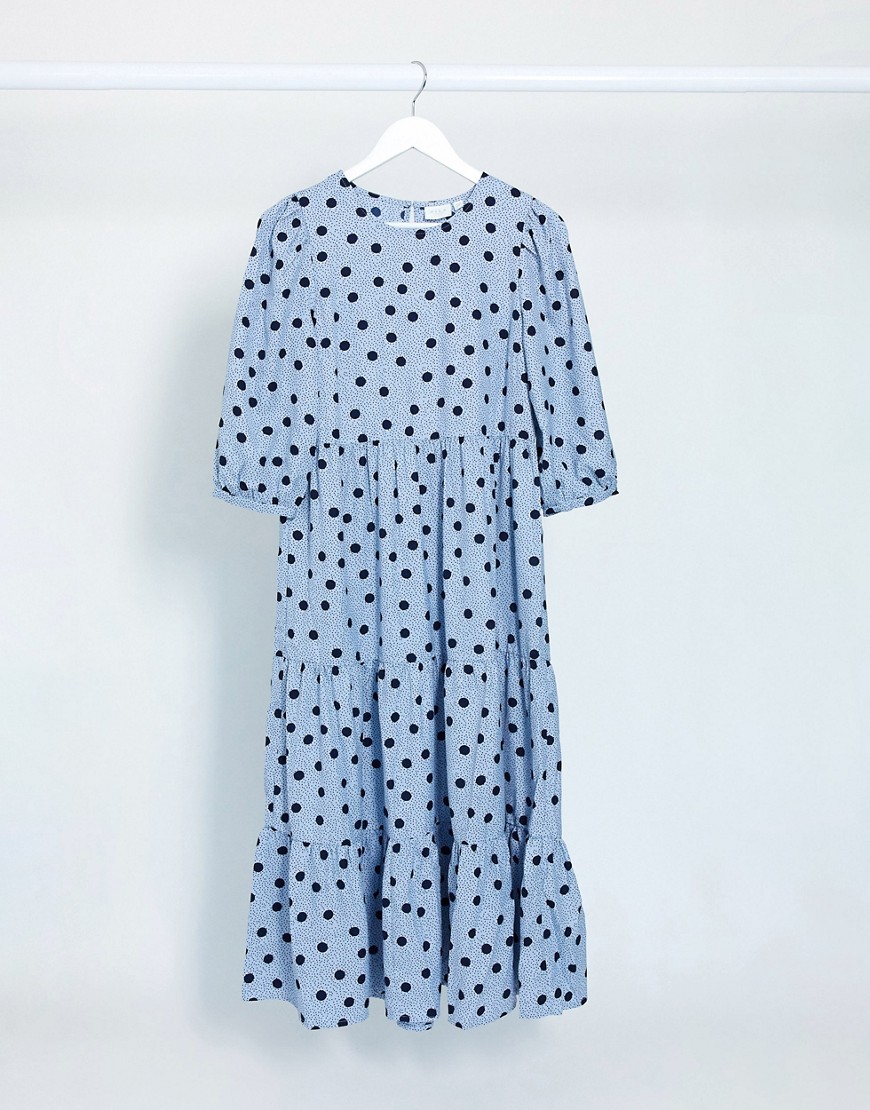 Vila – Blå midiklänning med prickar och panelsydd kjol-Rosa