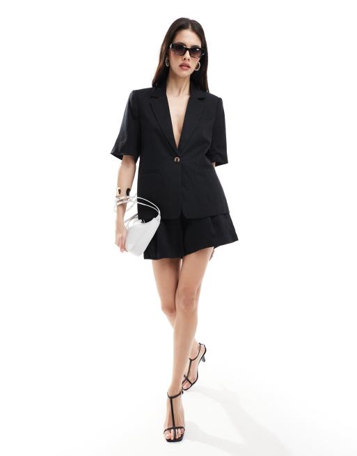 Vila - Blazer a maniche corte effetto lino nero in coordinato