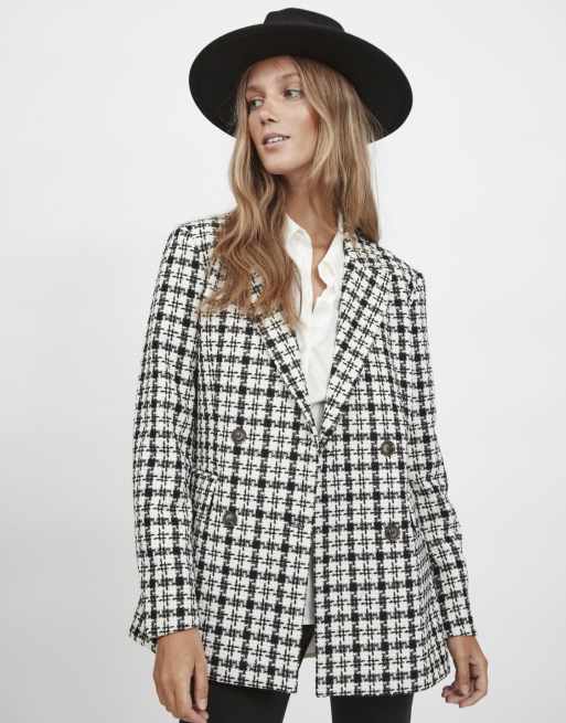 Vila - Blazer da abito sartoriale in bouclé a quadri bianco e nero