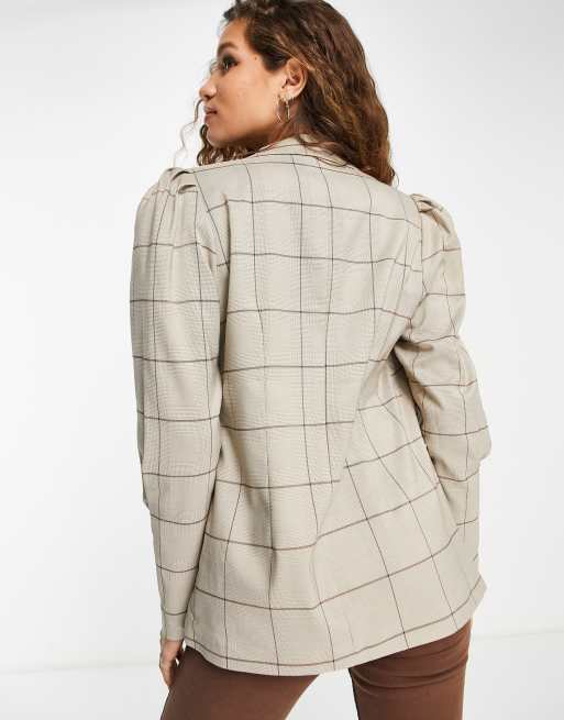 Vila - Blazer met pofmouwen in bruine ruit, 2 van 4