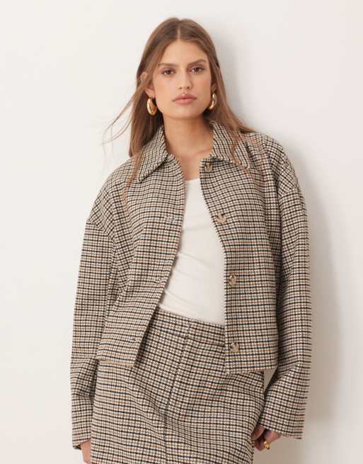 VILA - Blazer testurizzato in misto lana marrone a quadri pied de poule in coordinato